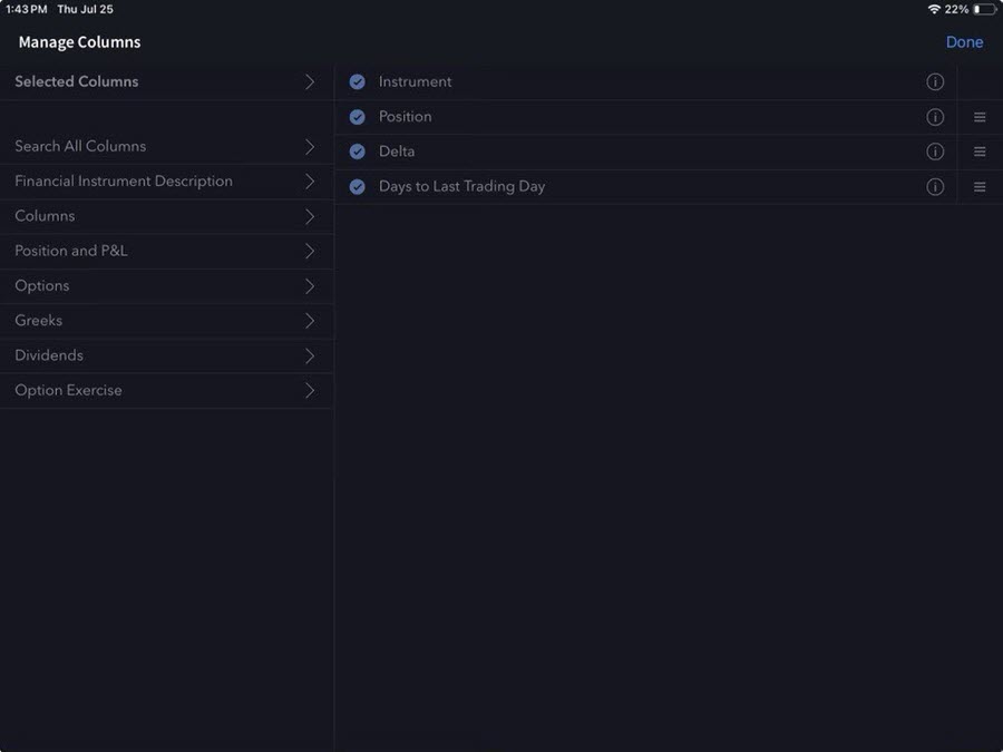 The options filter on the android tablet